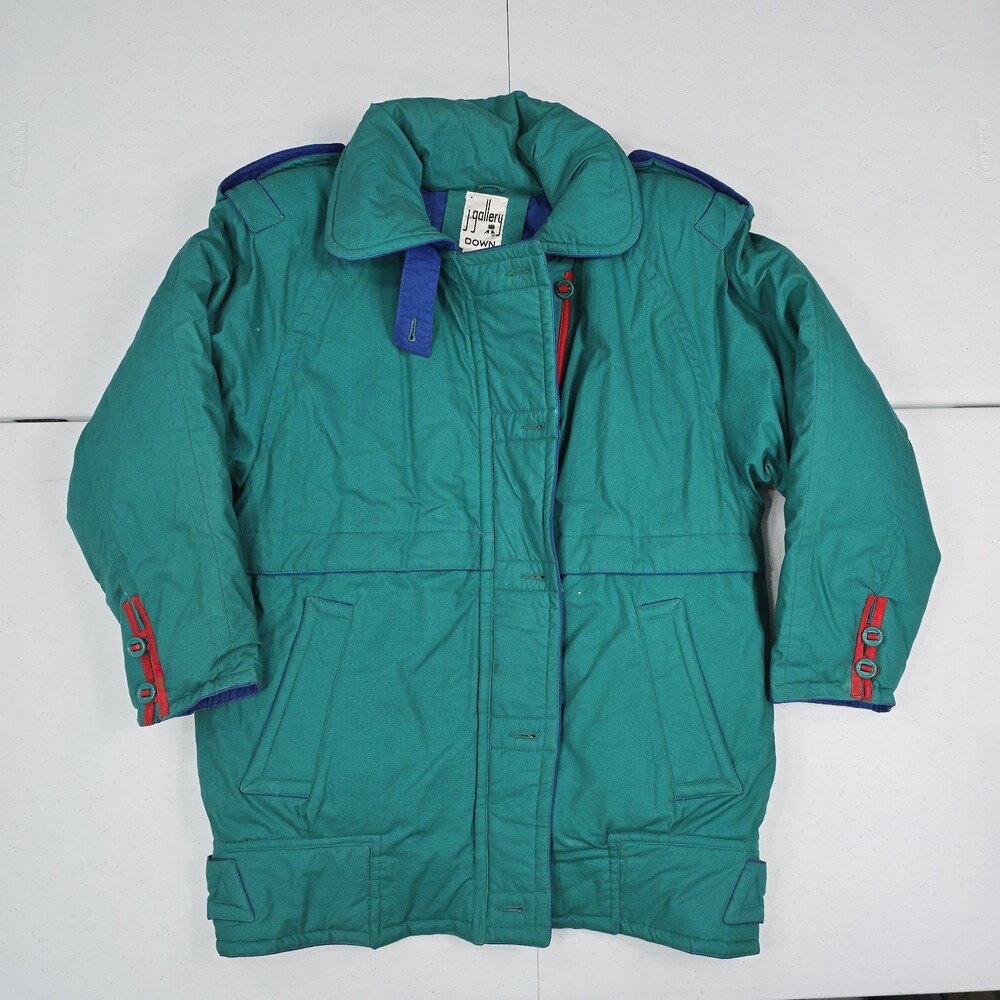 Vintage 80s J Gallery Women M Down Coat Green Ski Oversized Puffer Jacket Parka